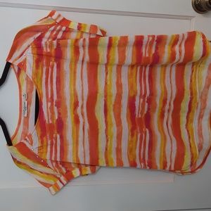 John Paul Richard Petite Sz L Orange, Fuchsia, Yellow and White Short Sleeve Top